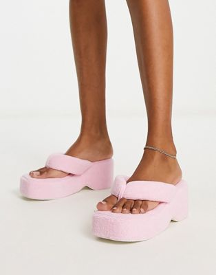 Public Desire Havana toe post flatform sandals in pink towelling