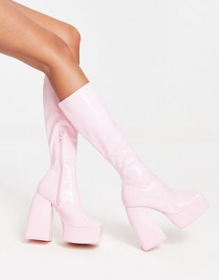 Public Desire Heartbeat knee boots in pale pink