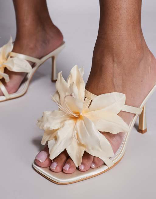 Public Desire heeled mule sandals with flower detail in ivory, 2 of 4
