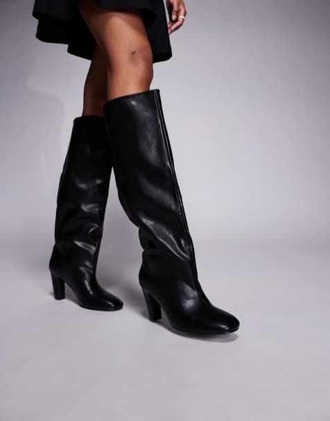 Public Desire heeled round toe knee boots in black PU - view 1