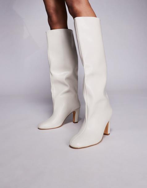 Public Desire heeled round toe knee boots in off white PU - view 1