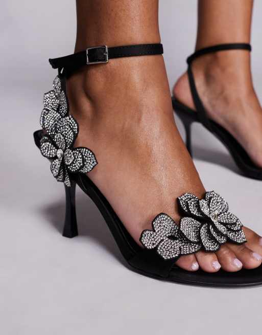 Public Desire heeled sandals with embellished flower details in black, 4 of 4
