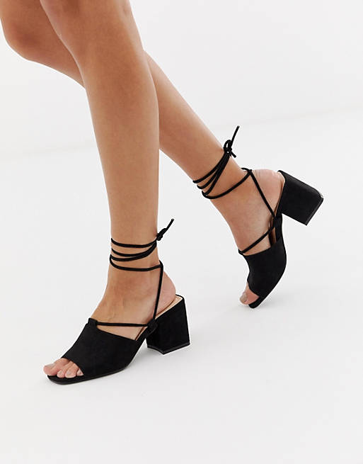 Public Desire Heidi black ankle tie mid heeled sandals