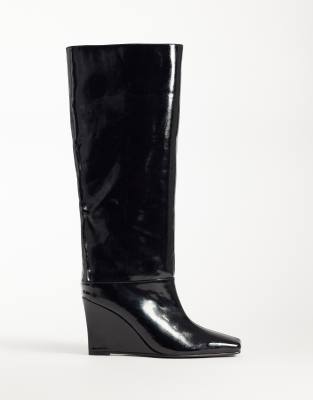 Public Desire Helena Wedge Pull On Boots With Chisel Toe In Black
