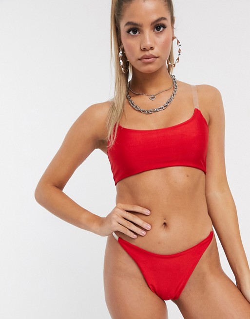 Public Desire high leg bikini bottom with clear strap detail in red