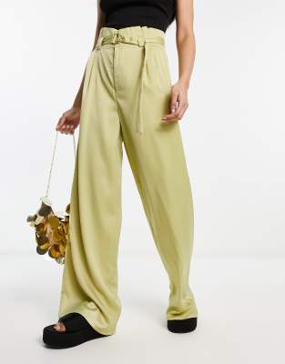 Public Desire High Waist Belted Wide Leg Pants In Green