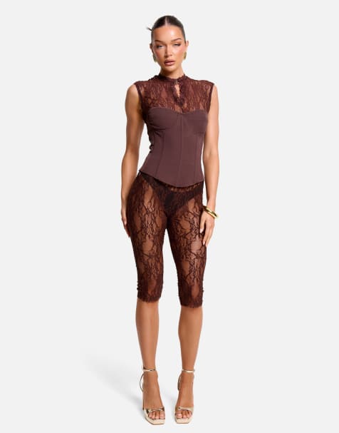 Public Desire High waist sheer floral lace capri pants in brown - view 1