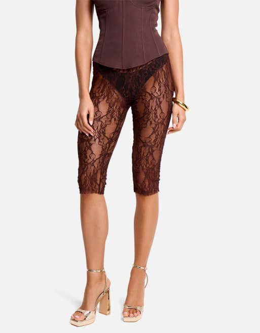 Public Desire High waist sheer floral lace capri pants in brown, 2 of 4
