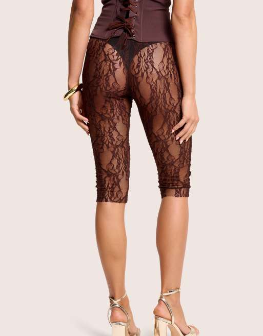 Public Desire High waist sheer floral lace capri pants in brown, 3 of 4