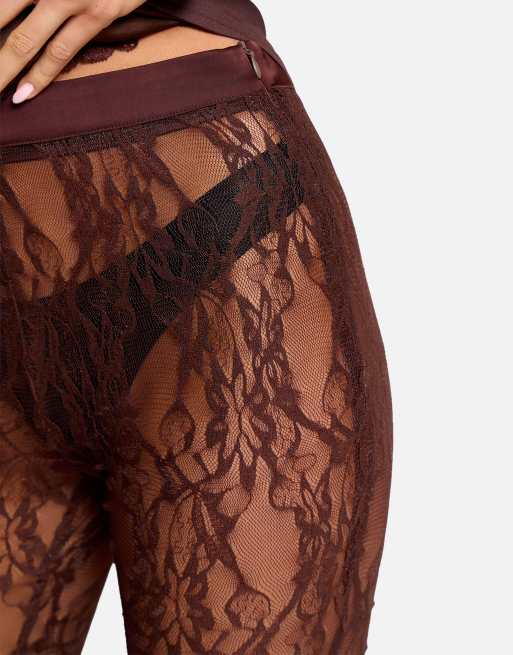 Public Desire High waist sheer floral lace capri pants in brown, 4 of 4