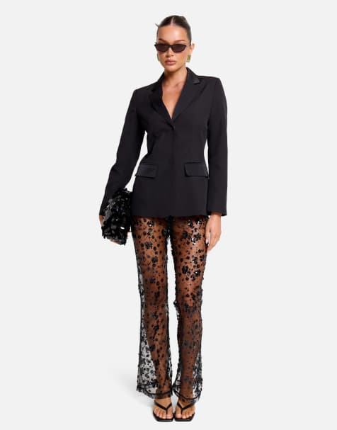 Public Desire High waist sheer sequin embellished flare trousers in black - view 1