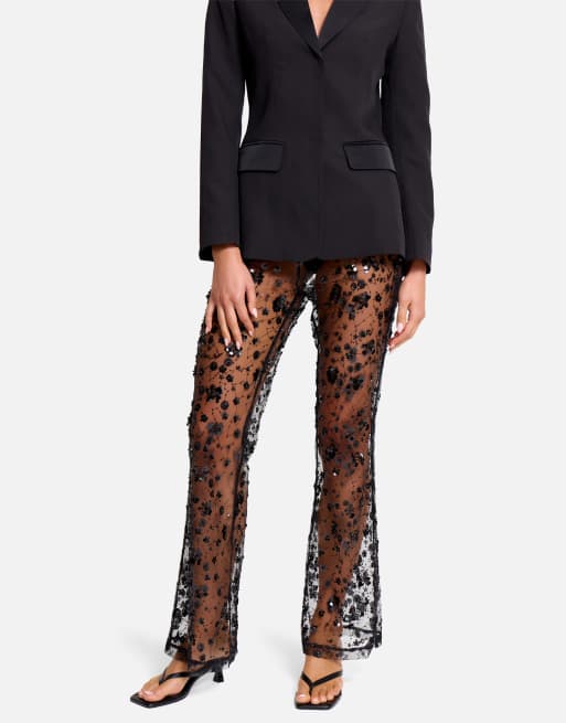 Public Desire High waist sheer sequin embellished flare trousers in black, 2 of 4
