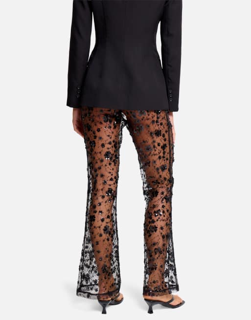 Public Desire High waist sheer sequin embellished flare trousers in black, 3 of 4