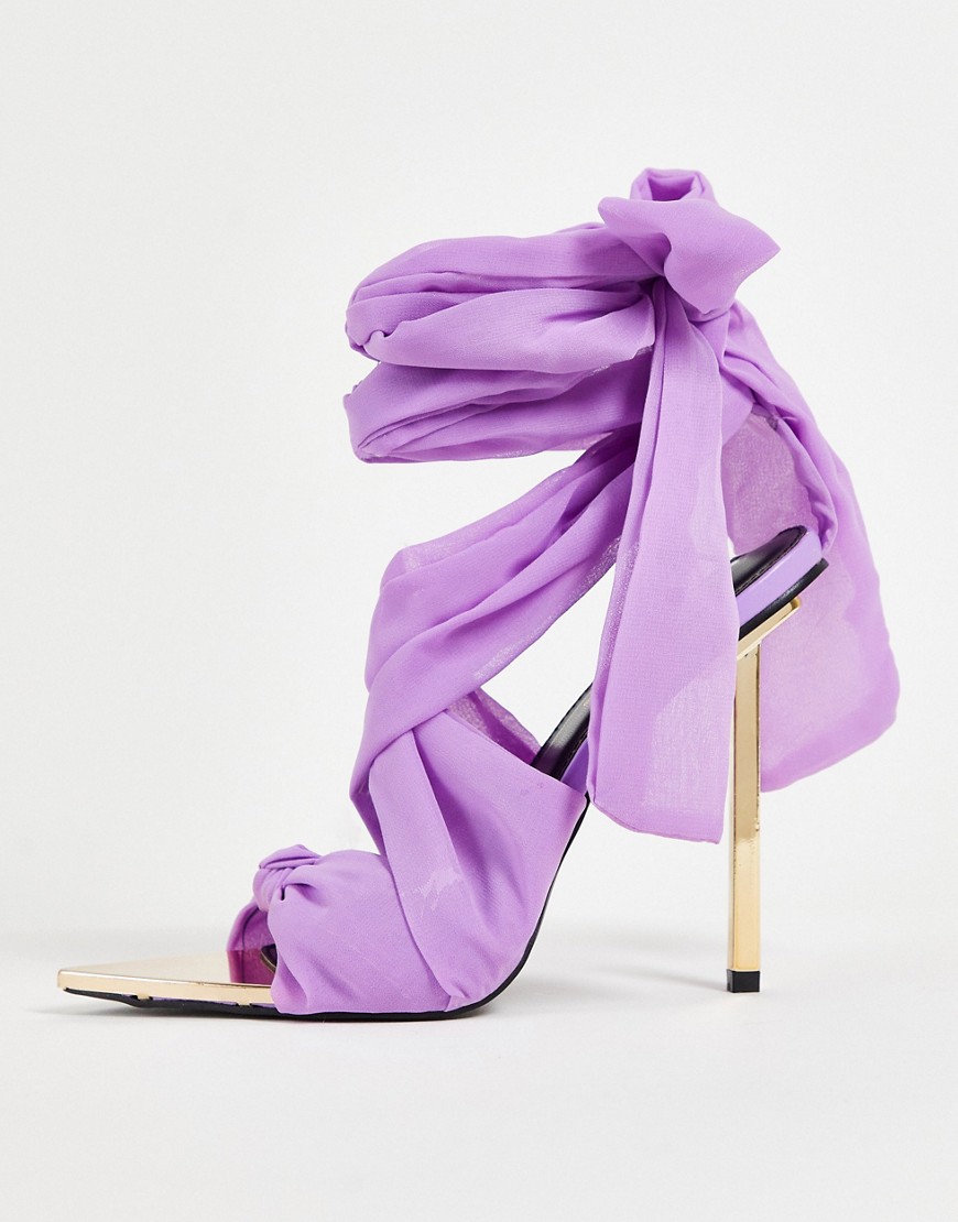 Public Desire Huni ribbon tie up gold stiletto heel sandals in lilac-Purple