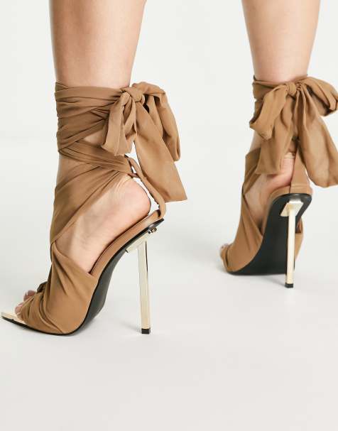 Public Desire Huni ribbon tie up gold stiletto heeled sandals choc - view 1