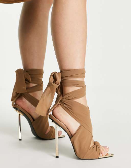 Public Desire Huni ribbon tie up gold stiletto heeled sandals choc, 3 of 4