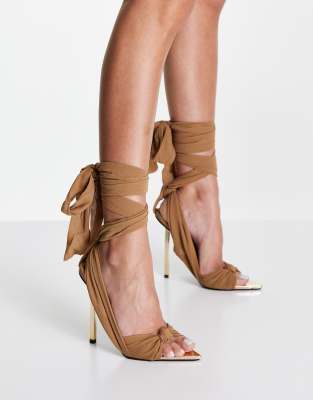 Huni Pink Chiffon Ribbon Tie Up Gold Stiletto Heels