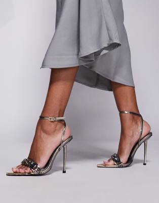 Icicle embellished mid heeled sandals in gun metal metallic-Brown