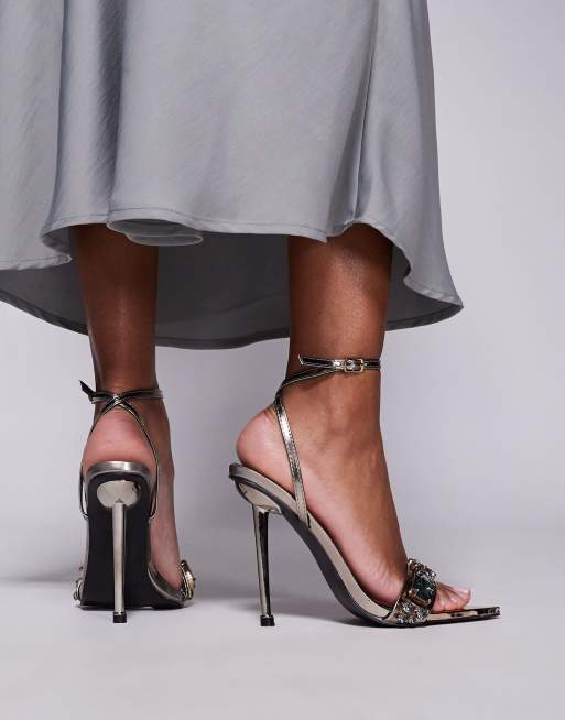 Public Desire Icicle embellished mid heeled sandals in gun metal metallic , 2 of 4