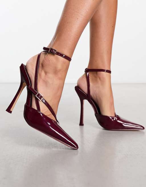 Public Desire Idol front strap heeled shoes in burgundy