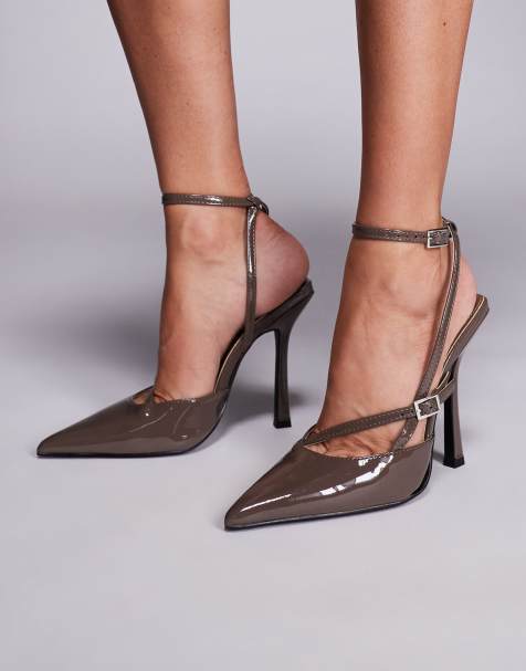 Public Desire Idol patent buckle strappy detail stiletto court high heels in taupe - view 1