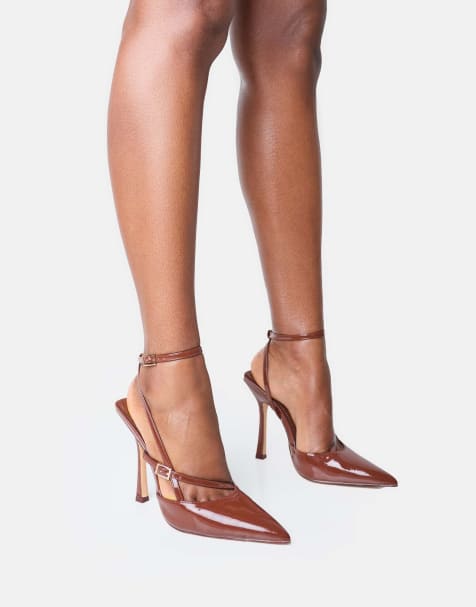 Public Desire Idol patent buckle strappy detail stiletto pointed toecourt high heels in chocolate - view 1