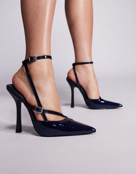 Public Desire Idol pointed toe heeled shoes in navy patent - view 1