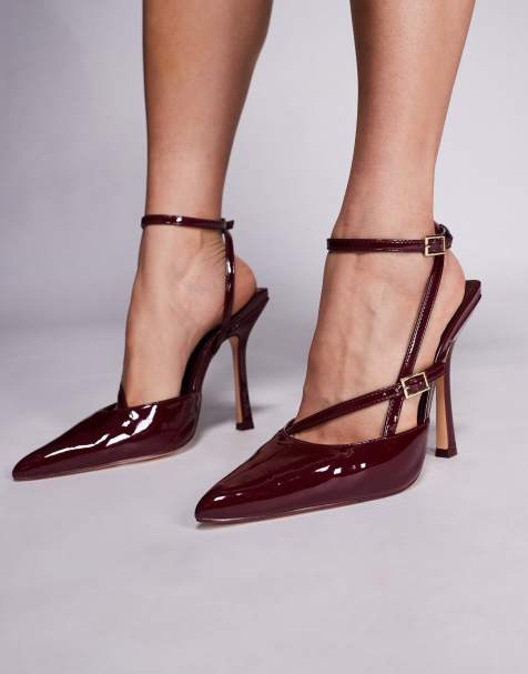 Public Desire Idol Wide Fit pointed toe heeled shoes in burgundy patent - view 1