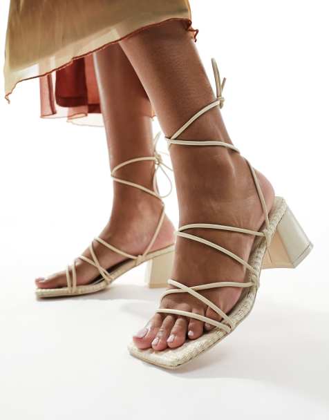 Public Desire Idris mid heeled sandals with ankle ties in cream - view 1