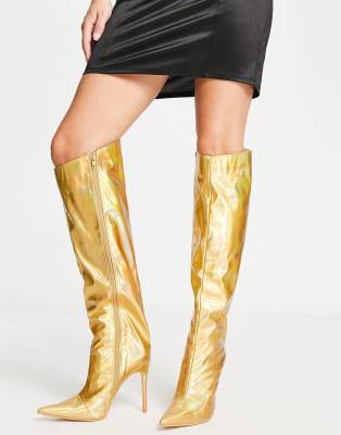 Public Desire Independent Metallic Knee Boots In Gold