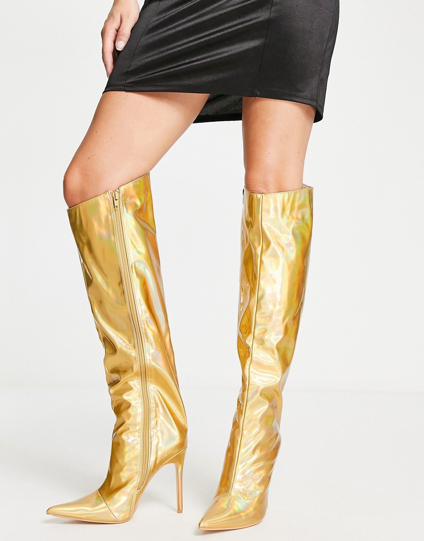 Public Desire Independent Metallic Knee Boots In Gold
