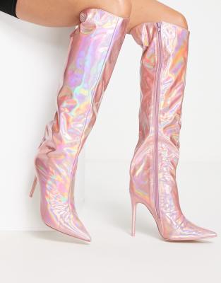 Public Desire Independent metallic knee boots in pink