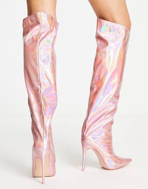 Public Desire Independent metallic knee boots in pink , 2 of 4