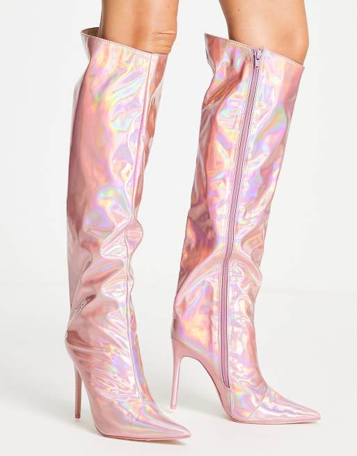 Public Desire Independent metallic knee boots in pink , 3 of 4