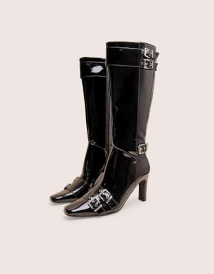  Ines patent buckle detail knee high heeled boots 