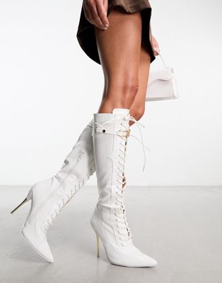 Public Desire Infatuated lace front knee boots in white - ASOS Price Checker