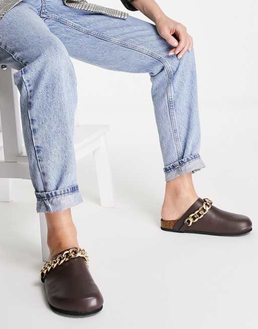 Public Desire Isabel chain detail chunky clog shoes in choc 