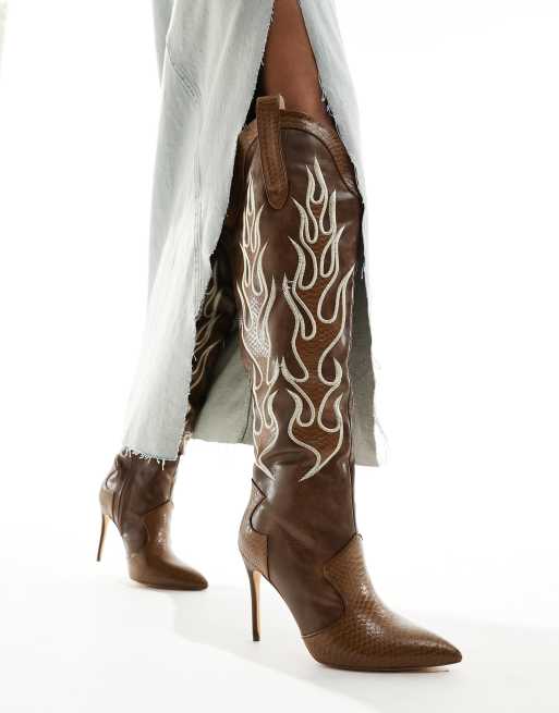 Public Desire Jacksonville heeled knee boot with snake print in vintage brown