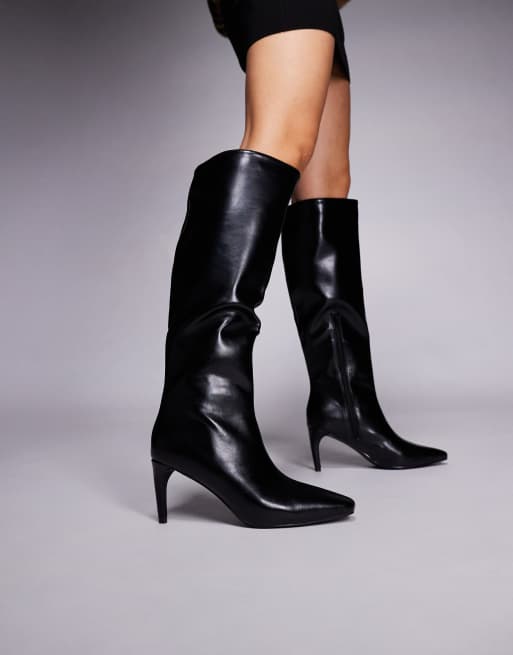 Public Desire Jenny pointed toe heeled knee boots in black PU, 2 of 4