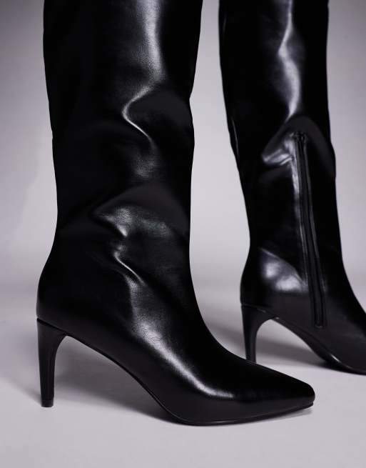 Public Desire Jenny pointed toe heeled knee boots in black PU, 4 of 4