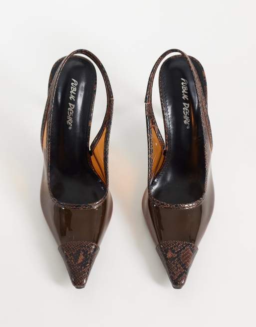 Public Desire Jooles décolleté slingback con tacco in marrone effetto serpente, 2 di 4
