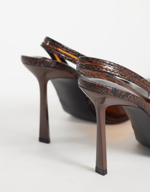 Public Desire Jooles décolleté slingback con tacco in marrone effetto serpente, 4 di 4