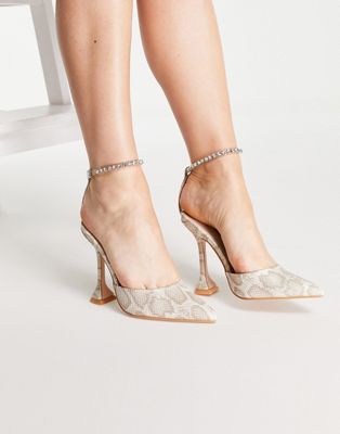 Public Desire Jordyn heeled shoes with anklet strap in beige snake