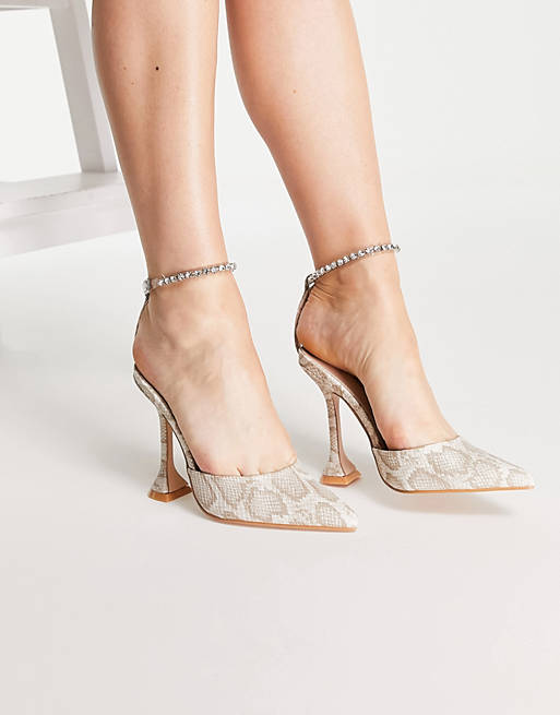 Women Heels/Public Desire Jordyn heeled shoes with anklet strap in beige snake 