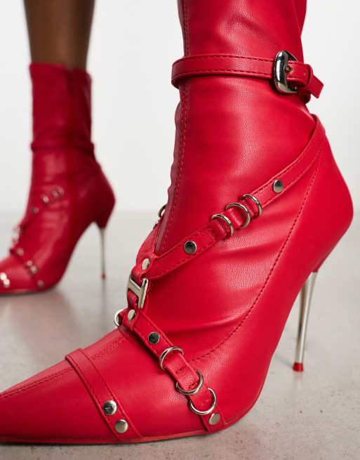 Public Desire Joyride strap detail heeled boots in red ASOS