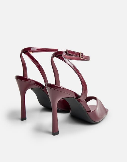 Public Desire June ankle strap peep toe heels in burgundy, 3 of 4