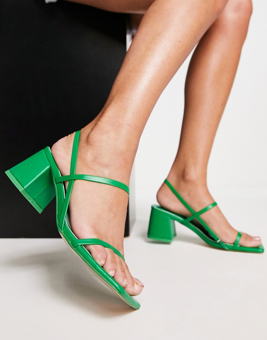 Public Desire Just Realise Strappy Mid Heel Sandals In Green Pu