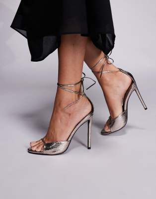 Public Desire Kalisto tie leg heeled sandals in pewter ASOS