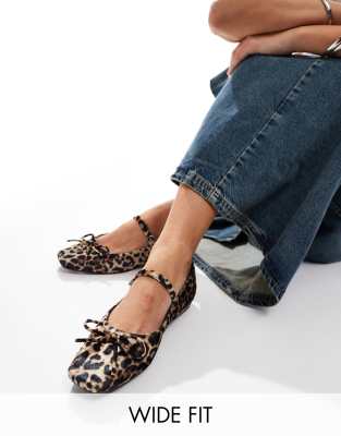 Public Desire Kandi bow ballet flats with strap in leopard velvet-Multi