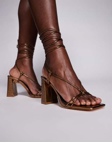 Public Desire Karia tie leg block heeled sandals in bronze - view 1